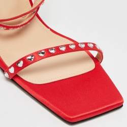 Pre Owned Mach & Mach Red Satin Crystal Embellished Ankle Strap Sandals Size 37