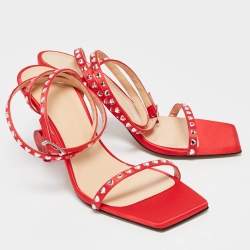 Pre Owned Mach & Mach Red Satin Crystal Embellished Ankle Strap Sandals Size 37