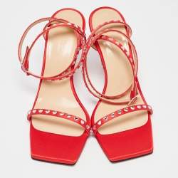 Pre Owned Mach & Mach Red Satin Crystal Embellished Ankle Strap Sandals Size 37