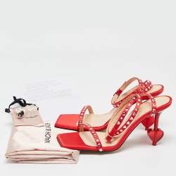 Pre Owned Mach & Mach Red Satin Crystal Embellished Ankle Strap Sandals Size 37