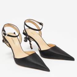 مملوكة مسبقًا Mach & Mach Black Satin Wonder Tulip Pointed Toe Ankle Strap Sandals Size 38