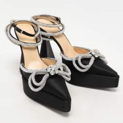 Mach & Mach Black Satin Double Bow Crystal Embellished Platform Pumps Size 39