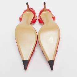 Pre Owned Mach & Mach Red Satin Triple Heart Slingback Pumps Size 37.5