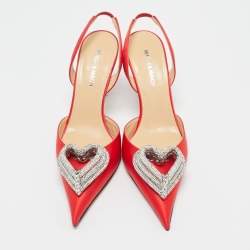 Pre Owned Mach & Mach Red Satin Triple Heart Slingback Pumps Size 37.5
