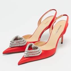 Pre Owned Mach & Mach Red Satin Triple Heart Slingback Pumps Size 37.5