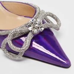 Mach & Mach Purple Iridescent Leather Crystal Embellished Double Bow Mules Size 37