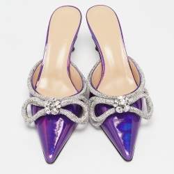 Mach & Mach Purple Iridescent Leather Crystal Embellished Double Bow Mules Size 37