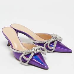 Mach & Mach Purple Iridescent Leather Crystal Embellished Double Bow Mules Size 37