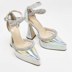 Pre Owned Mach & Mach Silver Iridescent PVC Crystal Embellished Kimberly Platform Pumps Size 36