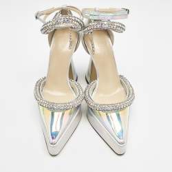 Pre Owned Mach & Mach Silver Iridescent PVC Crystal Embellished Kimberly Platform Pumps Size 36