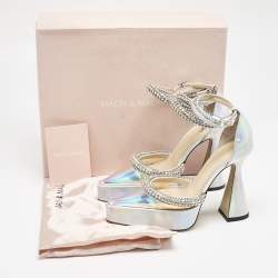 Pre Owned Mach & Mach Silver Iridescent PVC Crystal Embellished Kimberly Platform Pumps Size 36