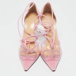 Mach & Mach Pink Leather and PVC Crystal Embellished Bow Ankle Tie Pumps Size 39.5
