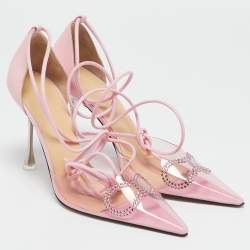 Mach & Mach Pink Leather and PVC Crystal Embellished Bow Ankle Tie Pumps Size 39.5