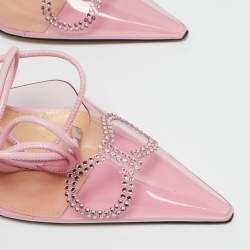 Mach & Mach Pink Leather and PVC Crystal Embellished Bow Ankle Tie Pumps Size 39.5