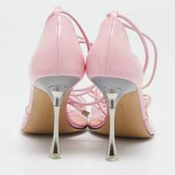 Mach & Mach Pink Leather and PVC Crystal Embellished Bow Ankle Tie Pumps Size 39.5