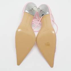 Mach & Mach Pink Leather and PVC Crystal Embellished Bow Ankle Tie Pumps Size 39.5