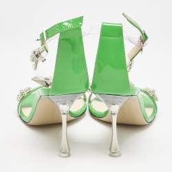 Mach & Mach Green Patent Leather and PVC Floating Crystal Bow Sandals Size 36.5