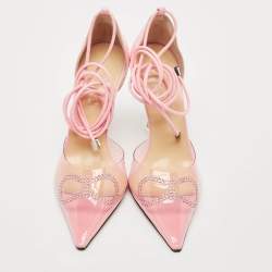 Mach & Mach Pink Leather and PVC Crystal Embellished Bow Ankle Tie Pumps Size 39