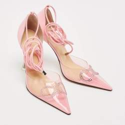 Mach & Mach Pink Leather and PVC Crystal Embellished Bow Ankle Tie Pumps Size 39