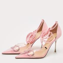 Mach & Mach Pink Leather and PVC Crystal Embellished Bow Ankle Tie Pumps Size 39