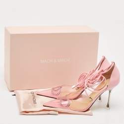 Mach & Mach Pink Leather and PVC Crystal Embellished Bow Ankle Tie Pumps Size 39
