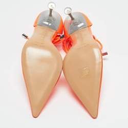 Mach & Mach Neon Orange Leather and PVC Crystal Embellished Heart Ankle Tie Pumps Size 38