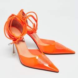 Mach & Mach Neon Orange Leather and PVC Crystal Embellished Heart Ankle Tie Pumps Size 38