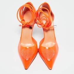 Mach & Mach Neon Orange Leather and PVC Crystal Embellished Heart Ankle Tie Pumps Size 38