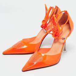 Mach & Mach Neon Orange Leather and PVC Crystal Embellished Heart Ankle Tie Pumps Size 38