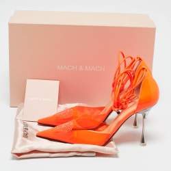 Mach & Mach Neon Orange Leather and PVC Crystal Embellished Heart Ankle Tie Pumps Size 38