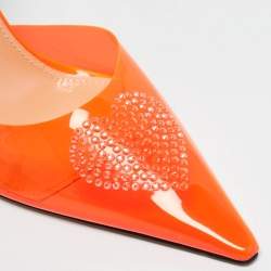 Mach & Mach Neon Orange Leather and PVC Crystal Embellished Heart Ankle Tie Pumps Size 38
