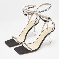 Mach & Mach Black Satin Crystal Embellished Heart Ankle Strap Sandals Size 41