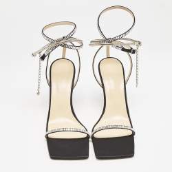 Mach & Mach Black Satin Crystal Embellished Heart Ankle Strap Sandals Size 41