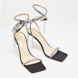 Mach & Mach Black Satin Crystal Embellished Heart Ankle Strap Sandals Size 41
