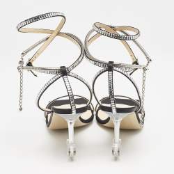 Mach & Mach Black Satin Crystal Embellished Heart Ankle Strap Sandals Size 41