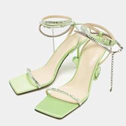 Pre Owned Mach & Mach Green Satin Crystal Embellished Ankle Strap Sandals Size 37.5