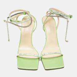 Pre Owned Mach & Mach Green Satin Crystal Embellished Ankle Strap Sandals Size 37.5