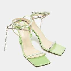 Pre Owned Mach & Mach Green Satin Crystal Embellished Ankle Strap Sandals Size 37.5