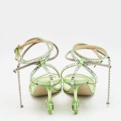Pre Owned Mach & Mach Green Satin Crystal Embellished Ankle Strap Sandals Size 37.5