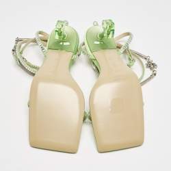 Pre Owned Mach & Mach Green Satin Crystal Embellished Ankle Strap Sandals Size 37.5
