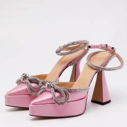Mach & Mach Pink Satin Crystal Embellished Double Bow Platform Pumps Size 38.5