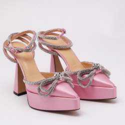 Mach & Mach Pink Satin Crystal Embellished Double Bow Platform Pumps Size 38.5