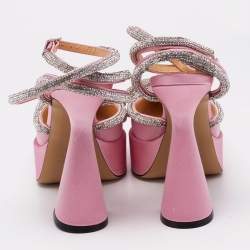 Mach & Mach Pink Satin Crystal Embellished Double Bow Platform Pumps Size 38.5