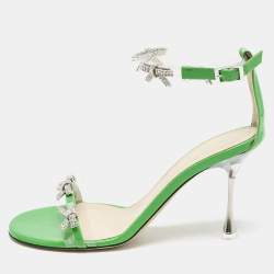 Mach & Mach Green Patent Leather and PVC Floating Crystal Bow Sandals Size 38
