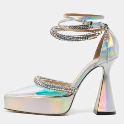 Mach & Mach Silver Iridescent PVC Crystal Embellished Kimberly Platform Pumps Size 38