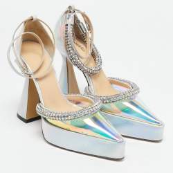 Mach & Mach Silver Iridescent PVC Crystal Embellished Kimberly Platform Pumps Size 38