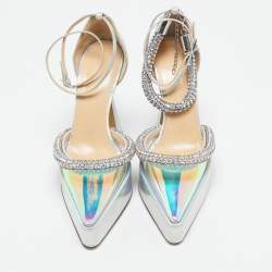 Mach & Mach Silver Iridescent PVC Crystal Embellished Kimberly Platform Pumps Size 38