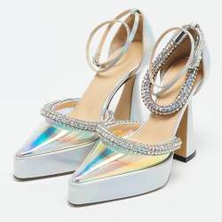 Mach & Mach Silver Iridescent PVC Crystal Embellished Kimberly Platform Pumps Size 38