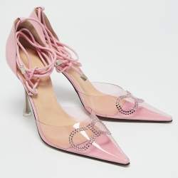 Mach & Mach Pink Leather and PVC Crystal Embellished Bow Ankle Wrap Sandals Size 40.5