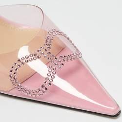 Mach & Mach Pink Leather and PVC Crystal Embellished Bow Ankle Wrap Sandals Size 40.5